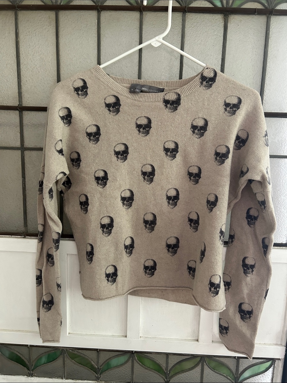 360 Cashmere Taupe Crewneck Sweater with Black Skull Print